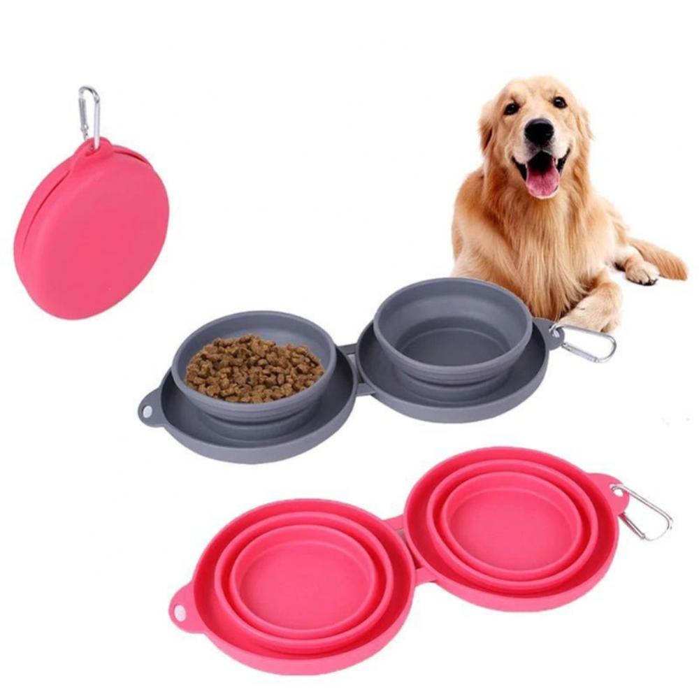 KFX-9116477 Foldable Double Bowl for Dogs and Cats - Portable Collapsible Silicone Feeding Bowl with No-Spill Mat