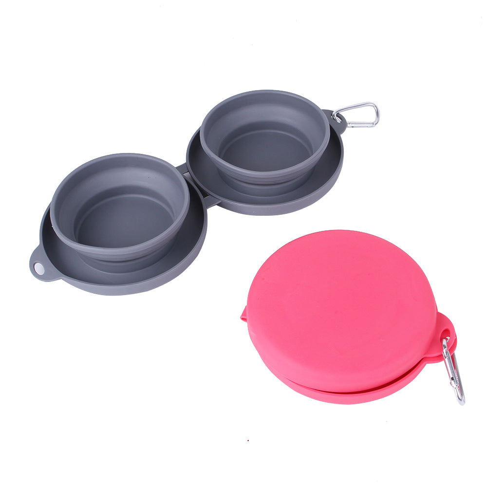 KFX-9116477 Foldable Double Bowl for Dogs and Cats - Portable Collapsible Silicone Feeding Bowl with No-Spill Mat