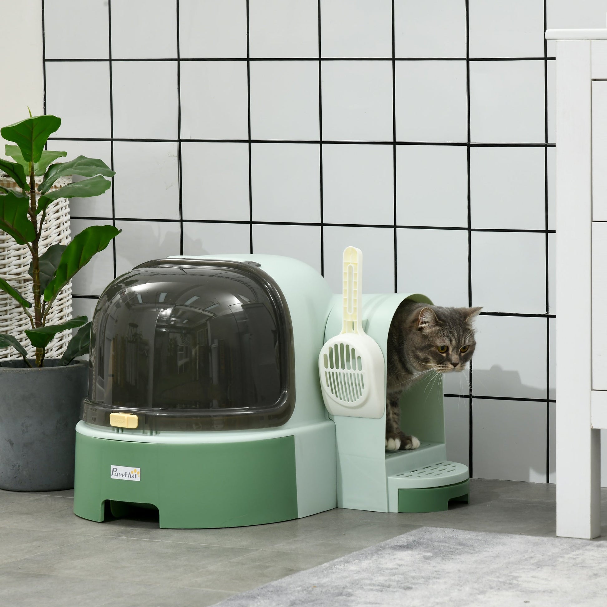 KFX-9121725 Spacious Green Cat Litter Box with Easy Clean Features and Litter Scoop