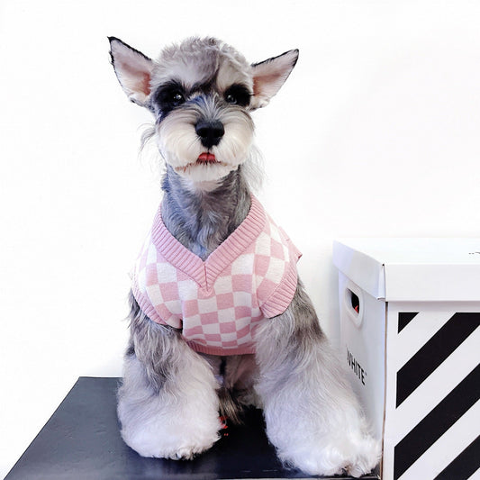 KFX-9124029 Cute Pink Checkerboard Wool Vest for Pets - Stylish & Comfy Pet Sweater in Sizes S-XXL