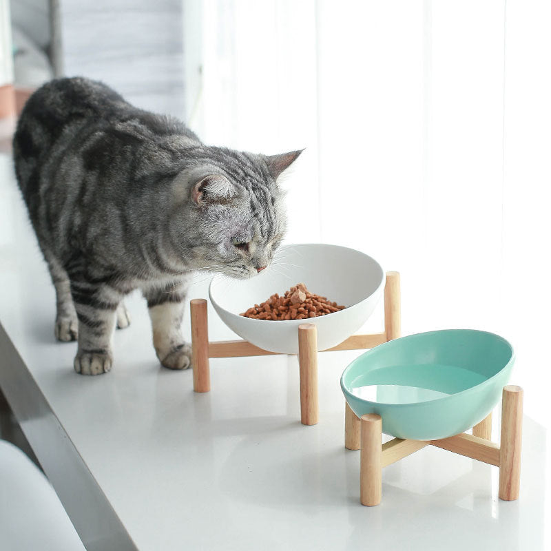 KFX-9126205 Ceramic Pet Bowl with Bamboo Stand - Ergonomic Design for Cats and Dogs