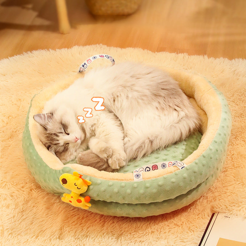 KFX-9131837 Portable Round Velvet Pet Bed Nest with Random Doll for Dogs and Cats - Cozy and Warm Cushion