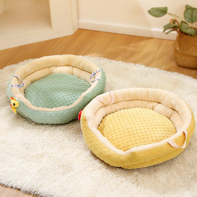 KFX-9131837 Portable Round Velvet Pet Bed Nest with Random Doll for Dogs and Cats - Cozy and Warm Cushion