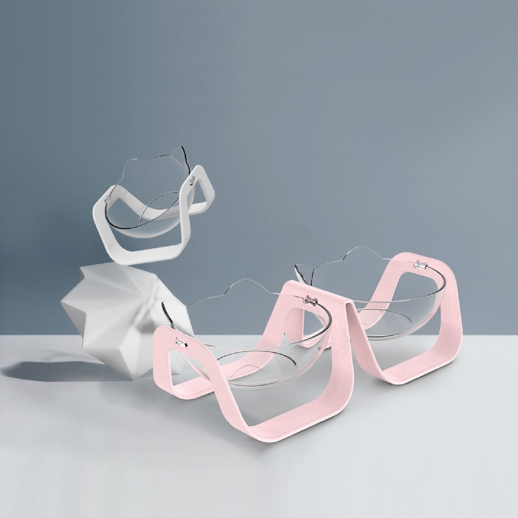 KFX-9131965 Adjustable 15° Cat Bowl - Environmentally Friendly PC/ABS, Single & Double Sizes Available, Pure White/Shell Powder/Macaron Blue