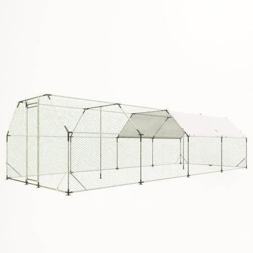 KFX-9139133 Large Metal Walk-In Chicken Coop Cage - 9.94 ft x 25.68 ft Poultry Run with Waterproof Tarp and Lockable Doors