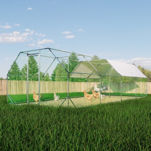 KFX-9139133 Large Metal Walk-In Chicken Coop Cage - 9.94 ft x 25.68 ft Poultry Run with Waterproof Tarp and Lockable Doors
