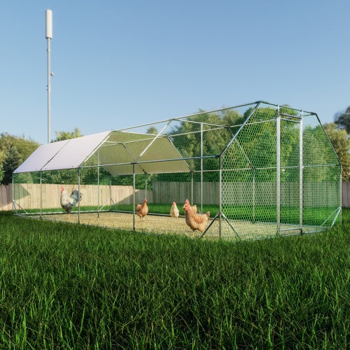 KFX-9139133 Large Metal Walk-In Chicken Coop Cage - 9.94 ft x 25.68 ft Poultry Run with Waterproof Tarp and Lockable Doors