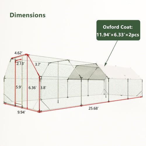 KFX-9139133 Large Metal Walk-In Chicken Coop Cage - 9.94 ft x 25.68 ft Poultry Run with Waterproof Tarp and Lockable Doors