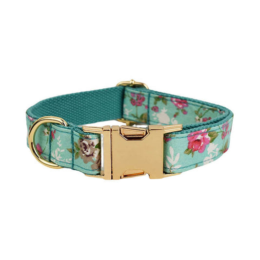 KFX-9139517 Rose Dog Collar Set with Green Background, Detachable Bow and Leash