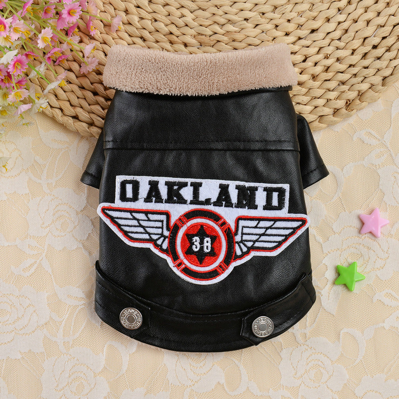 KFX-9139901 Stylish Casual Black Leather Dog Jacket with Embroidery for Pets