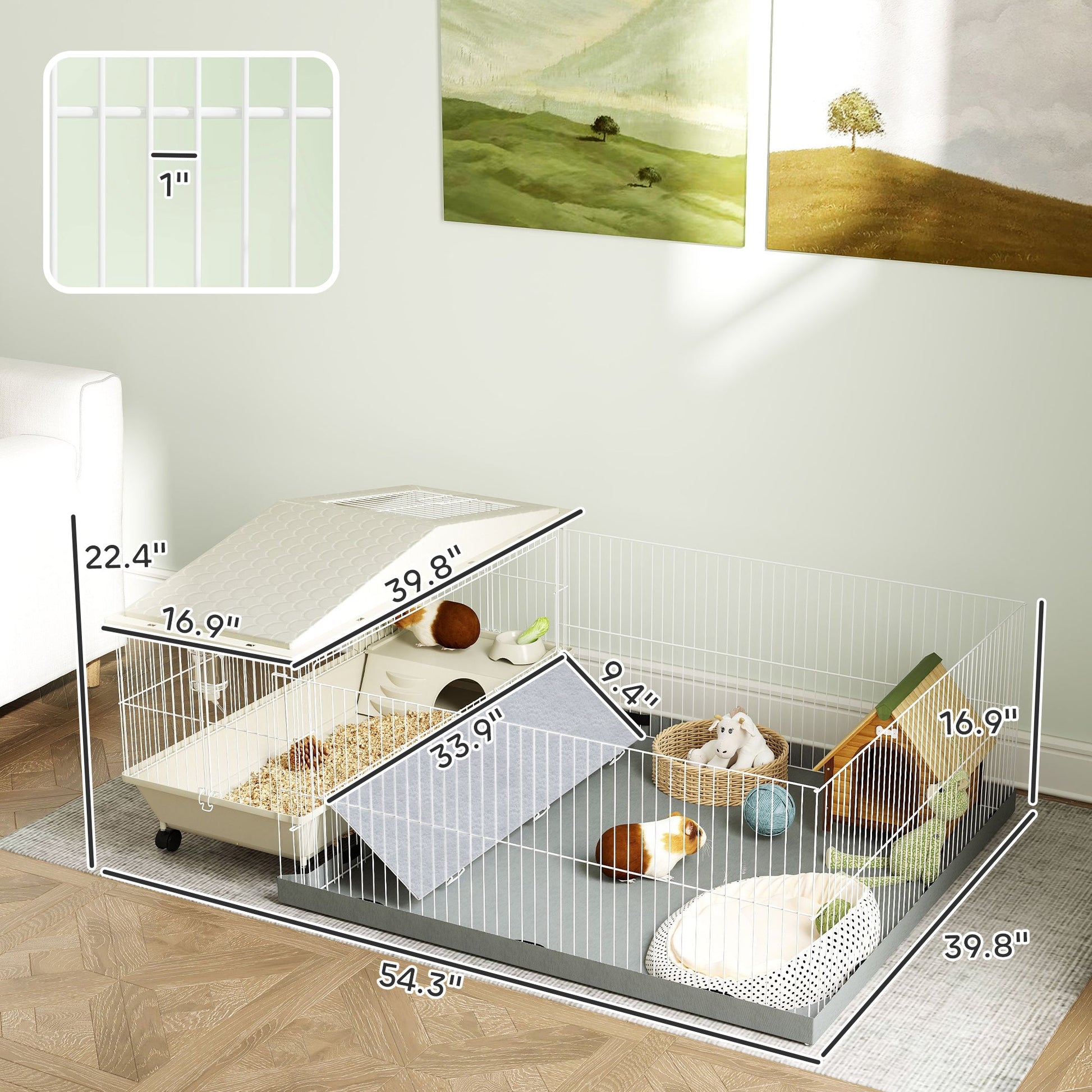 KFX-9141181 Guinea Pig and Hedgehog Cage with Removable Playpen, Waterproof Pad, Feeder, Water Bottle, and Bowl