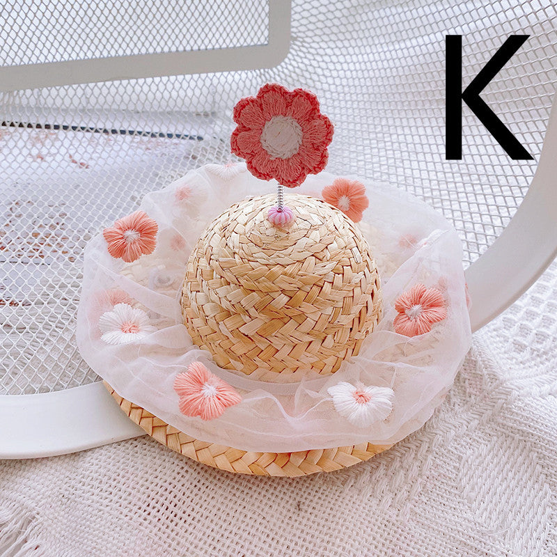 KFX-9142333 Cute Knitted Straw Hat with Flowers for Dogs and Cats - Multiple Sizes Available
