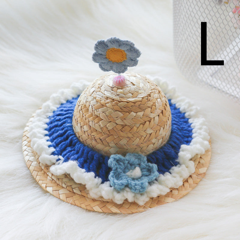 KFX-9142333 Cute Knitted Straw Hat with Flowers for Dogs and Cats - Multiple Sizes Available