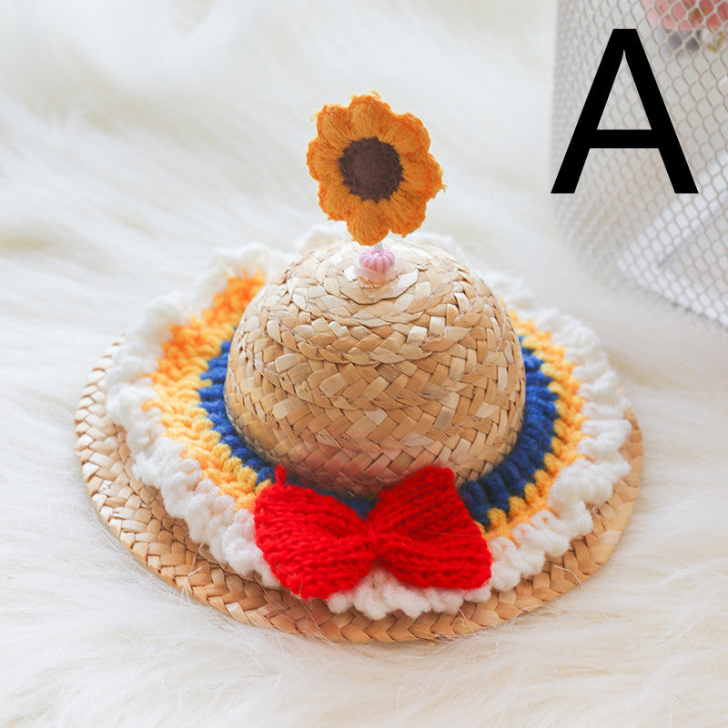 KFX-9142333 Cute Knitted Straw Hat with Flowers for Dogs and Cats - Multiple Sizes Available