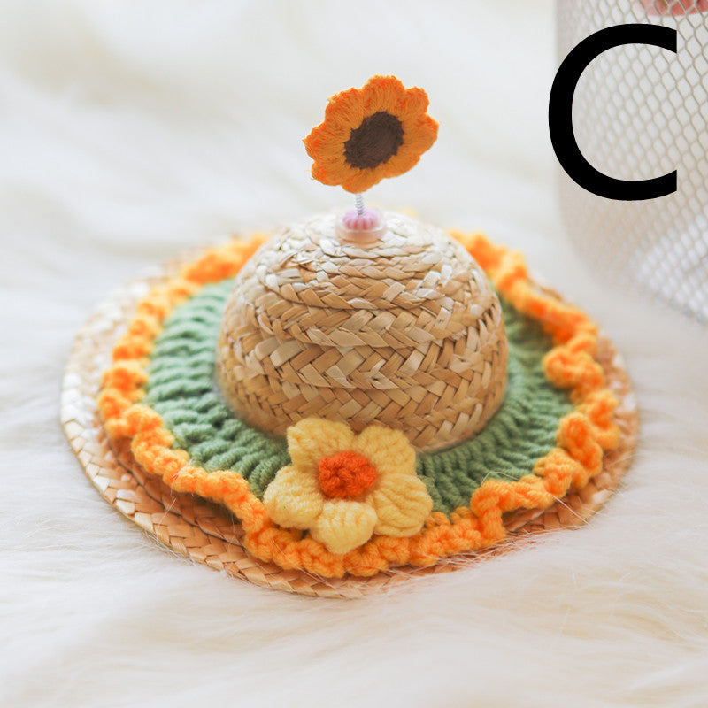 KFX-9142333 Cute Knitted Straw Hat with Flowers for Dogs and Cats - Multiple Sizes Available