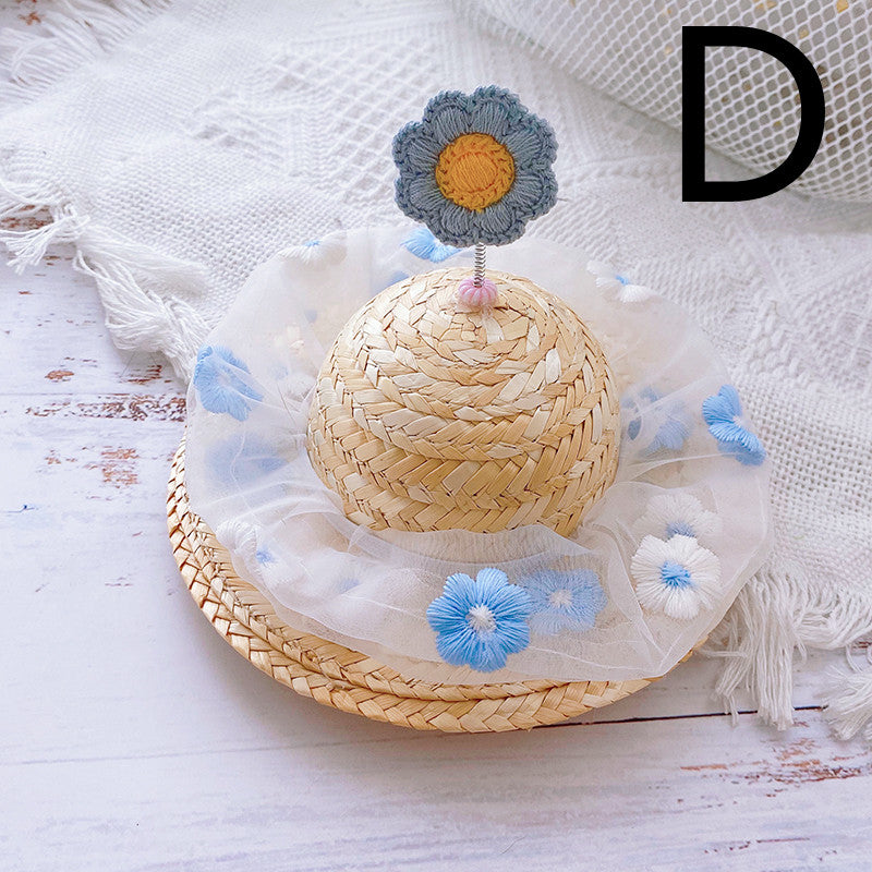 KFX-9142333 Cute Knitted Straw Hat with Flowers for Dogs and Cats - Multiple Sizes Available
