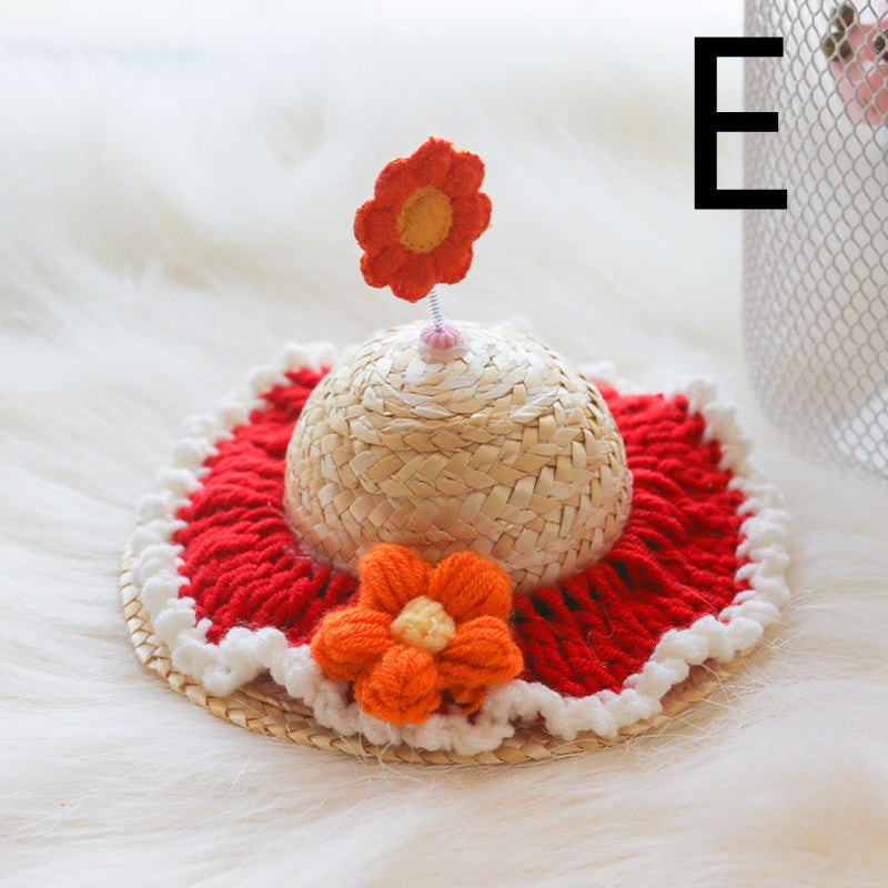 KFX-9142333 Cute Knitted Straw Hat with Flowers for Dogs and Cats - Multiple Sizes Available