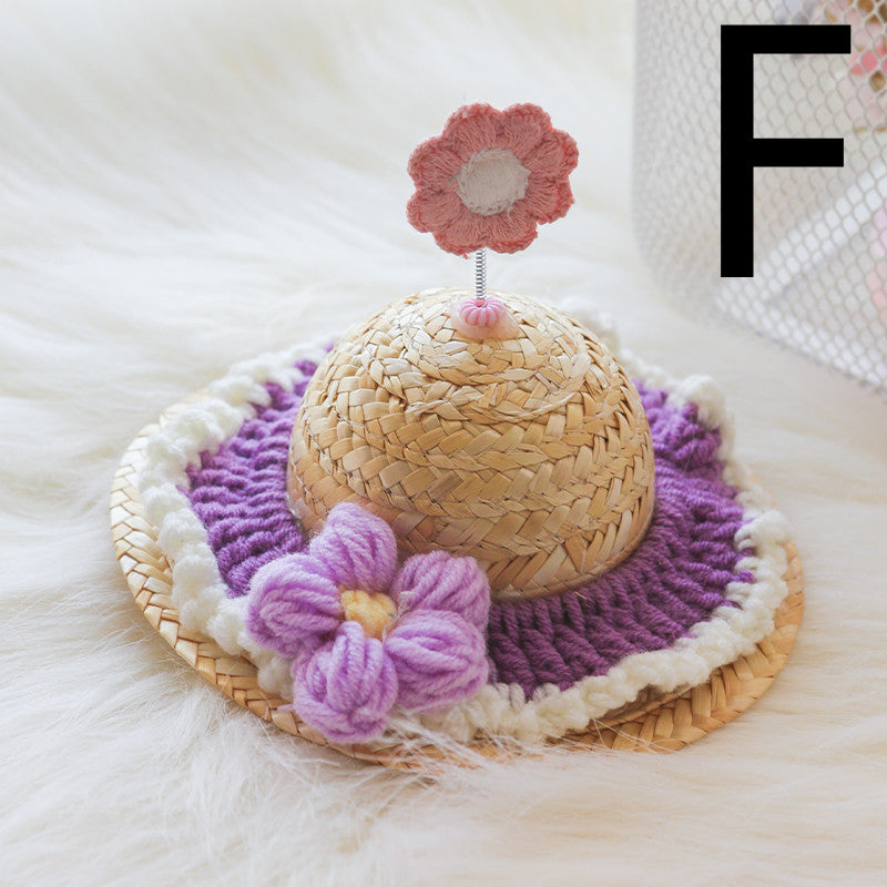 KFX-9142333 Cute Knitted Straw Hat with Flowers for Dogs and Cats - Multiple Sizes Available