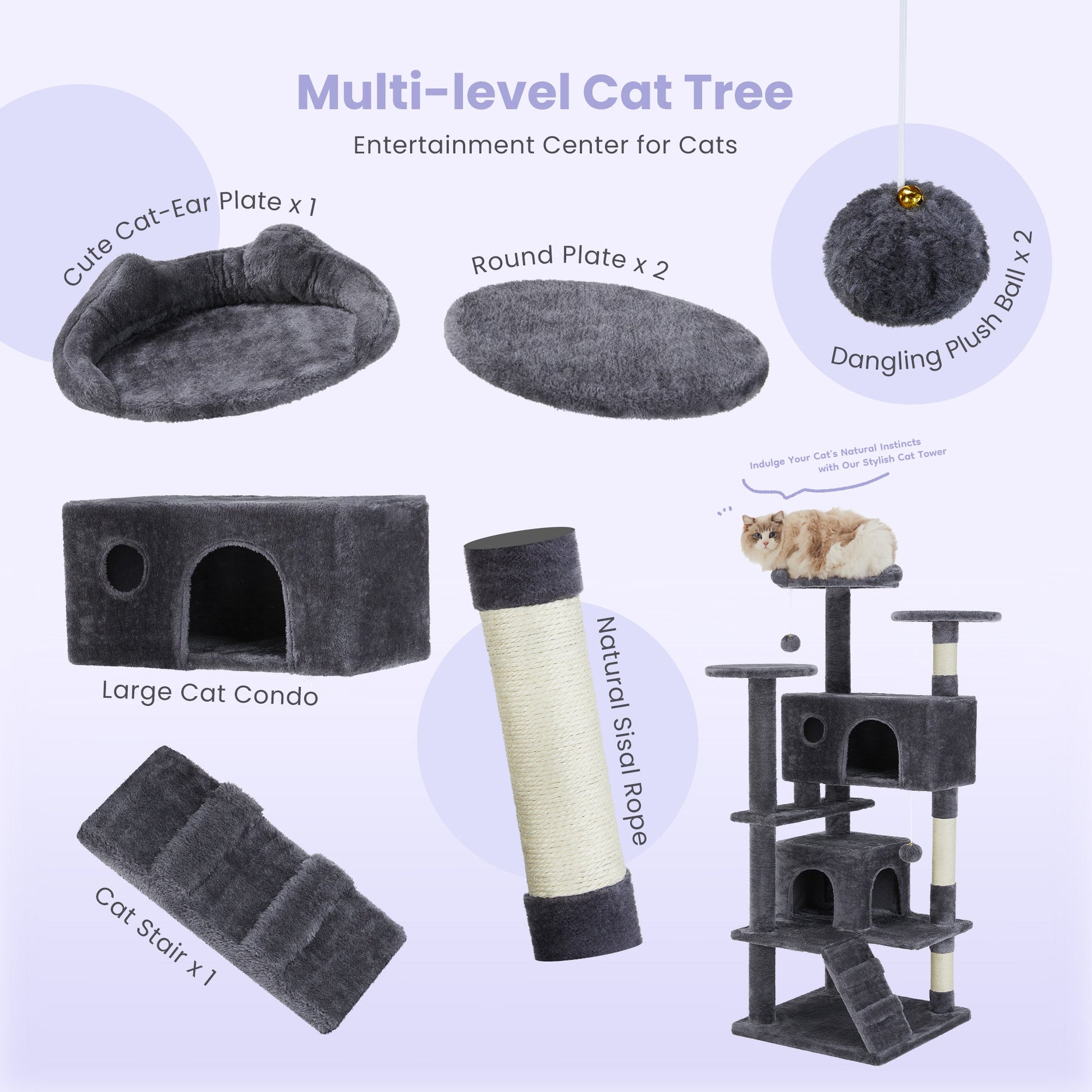 KFX-9146557 Multi-Level Large Cat Tree Tower with Scratching Post and Cozy Jumping Platform, 80-Inch, Grey