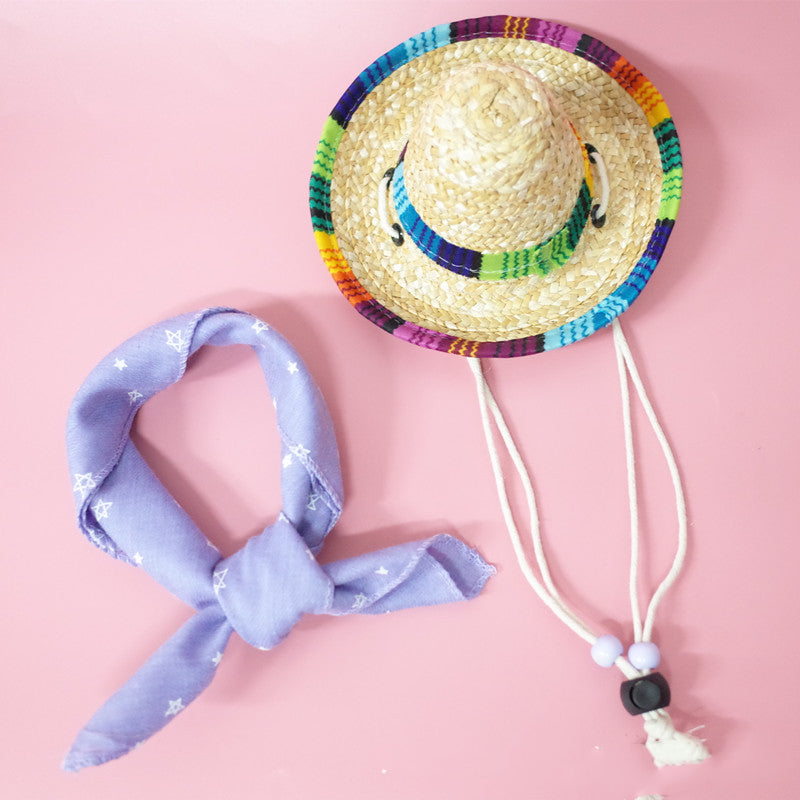 KFX-9147453 Colorful Straw Hat with Stylish Cotton Scarf for Pets - Multiple Plaid Options Available