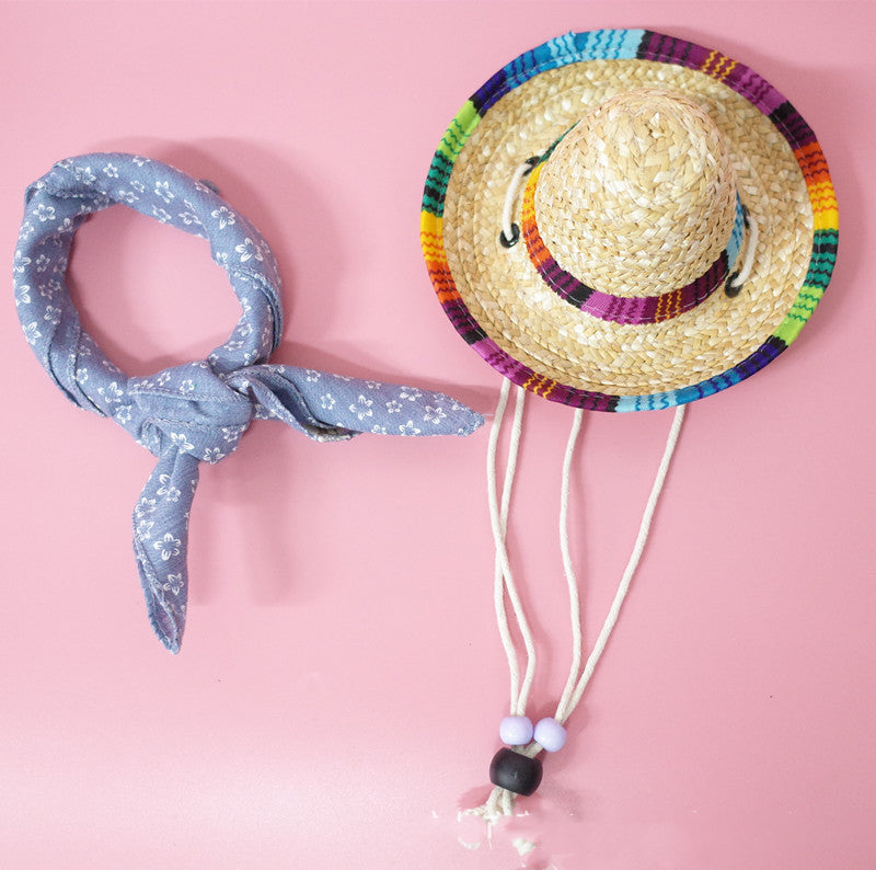 KFX-9147453 Colorful Straw Hat with Stylish Cotton Scarf for Pets - Multiple Plaid Options Available