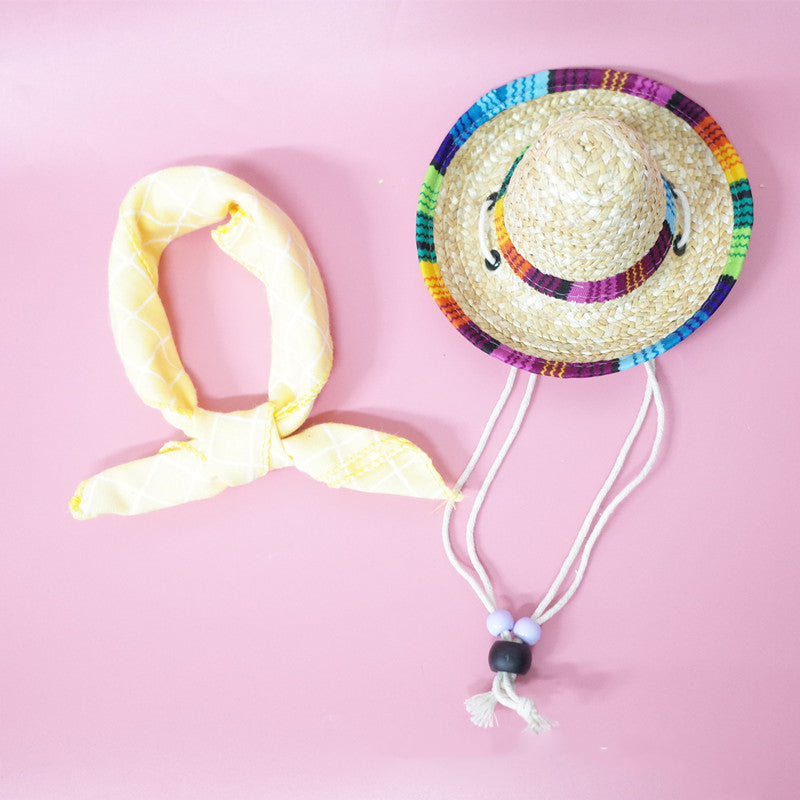 KFX-9147453 Colorful Straw Hat with Stylish Cotton Scarf for Pets - Multiple Plaid Options Available