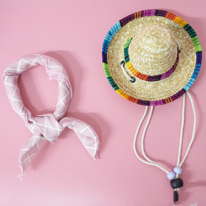 KFX-9147453 Colorful Straw Hat with Stylish Cotton Scarf for Pets - Multiple Plaid Options Available