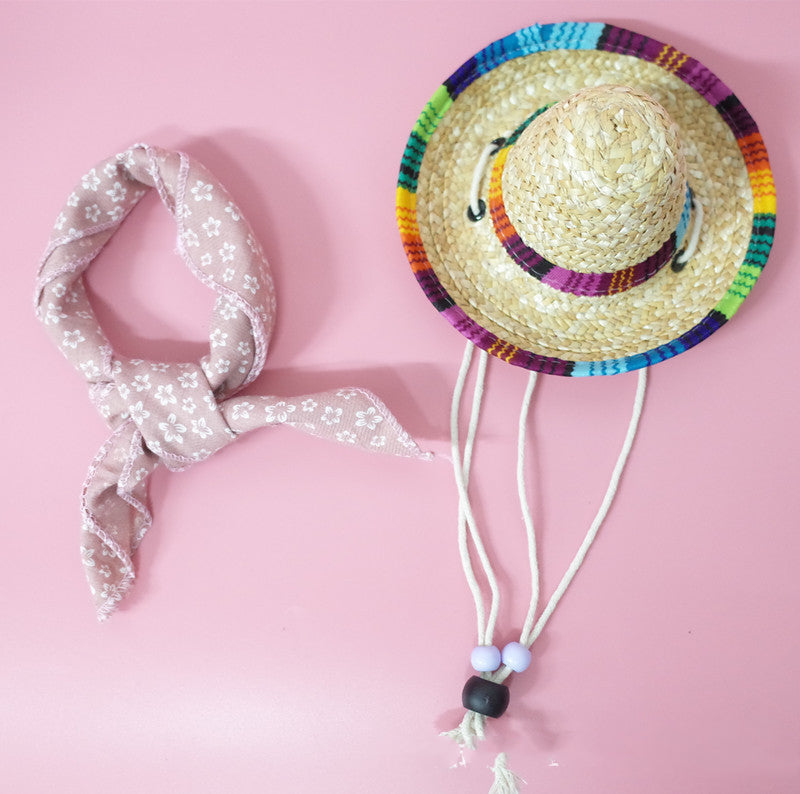 KFX-9147453 Colorful Straw Hat with Stylish Cotton Scarf for Pets - Multiple Plaid Options Available