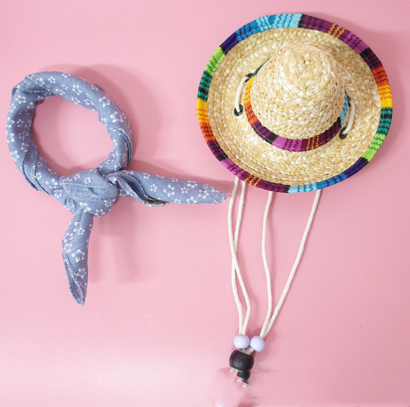 KFX-9147453 Colorful Straw Hat with Stylish Cotton Scarf for Pets - Multiple Plaid Options Available