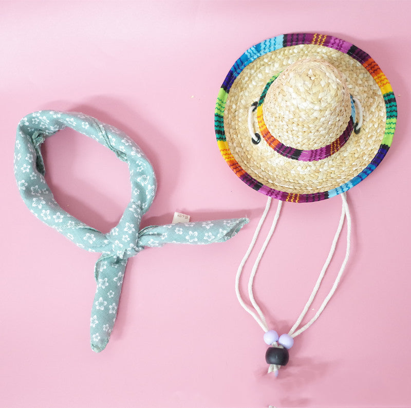 KFX-9147453 Colorful Straw Hat with Stylish Cotton Scarf for Pets - Multiple Plaid Options Available