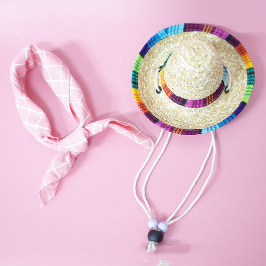 KFX-9147453 Colorful Straw Hat with Stylish Cotton Scarf for Pets - Multiple Plaid Options Available