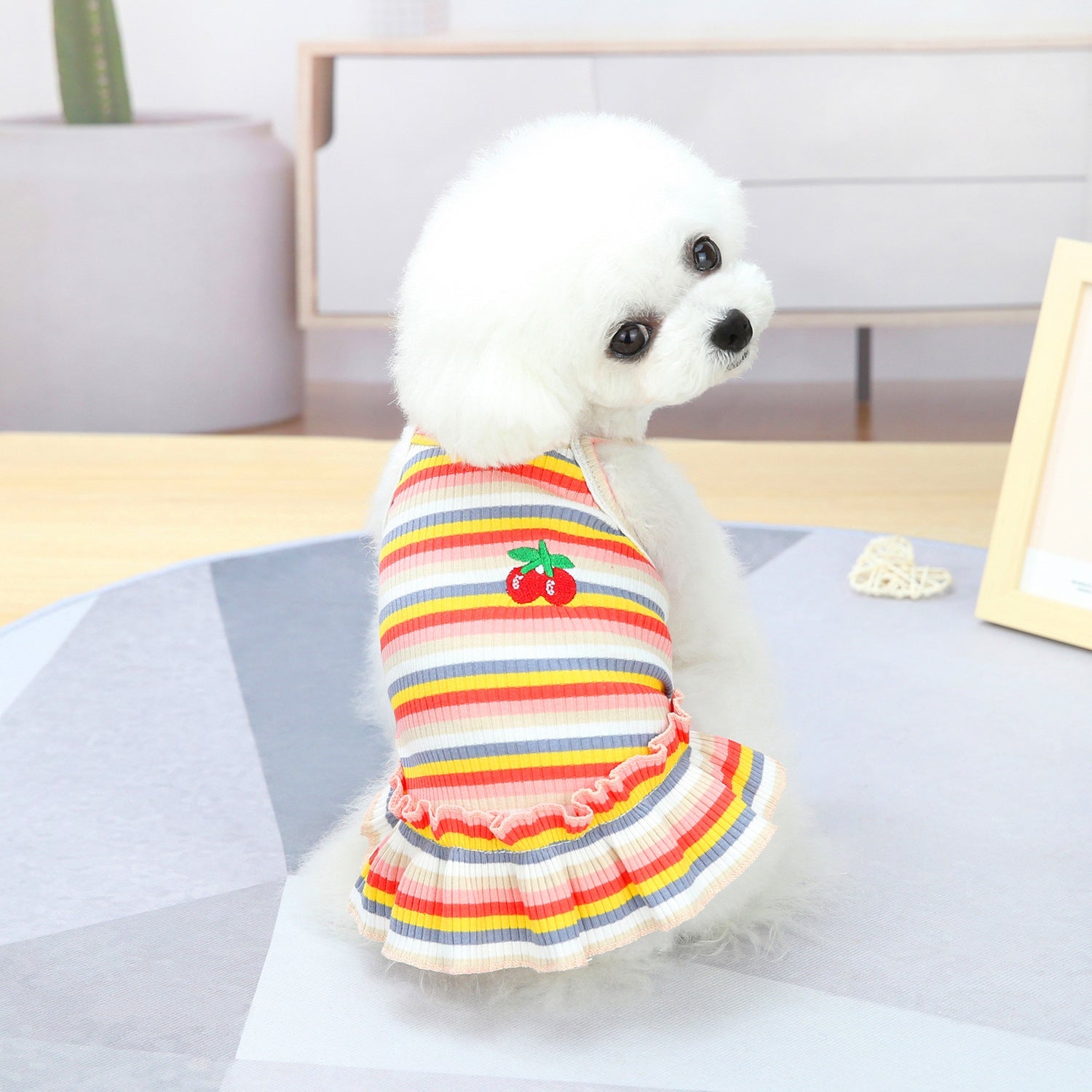 KFX-9149629 Colorful Pet Clothes: Striped Skirts & Vests for Dogs in Pink and Orange