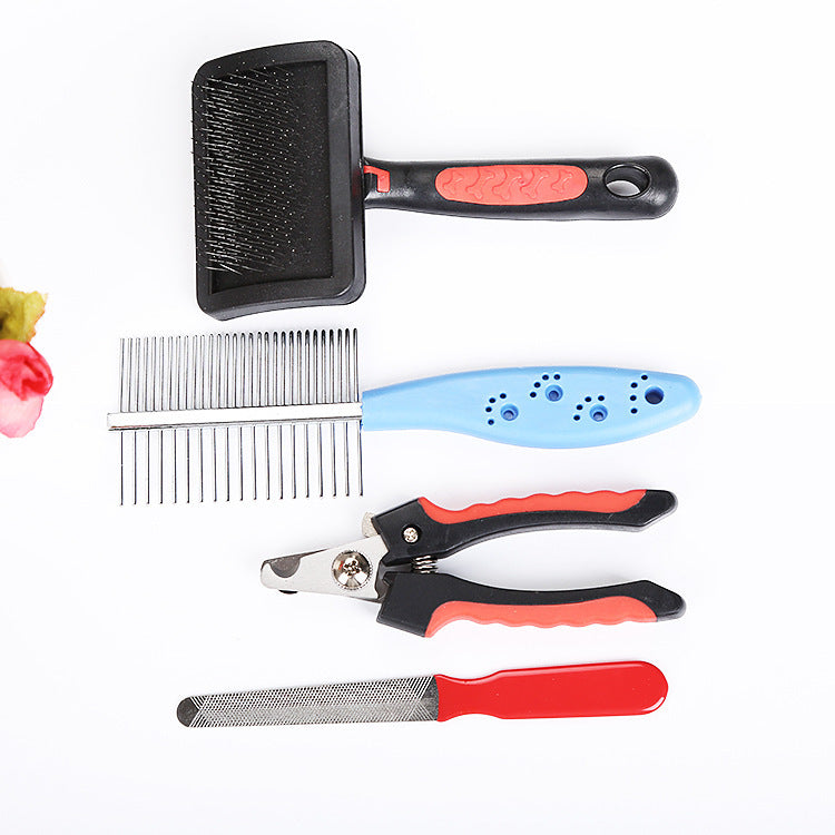 KFX-9154621 4-Piece Cat and Dog Grooming Set with Double-Sided Long Needle Comb and Nail Clippers