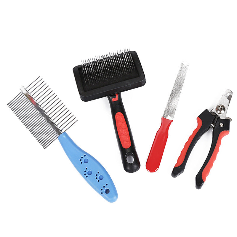 KFX-9154621 4-Piece Cat and Dog Grooming Set with Double-Sided Long Needle Comb and Nail Clippers