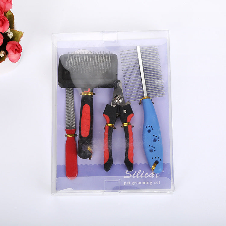 KFX-9154621 4-Piece Cat and Dog Grooming Set with Double-Sided Long Needle Comb and Nail Clippers