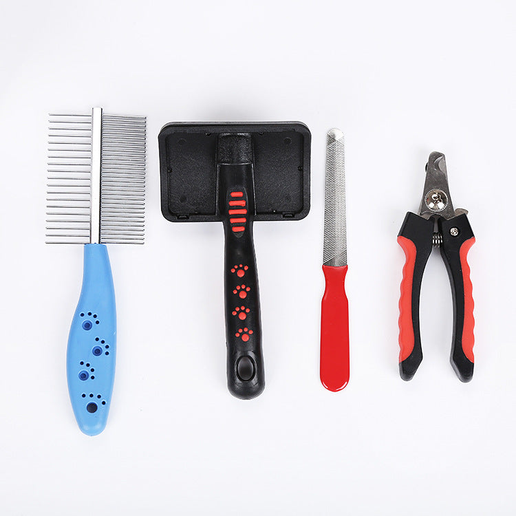 KFX-9154621 4-Piece Cat and Dog Grooming Set with Double-Sided Long Needle Comb and Nail Clippers
