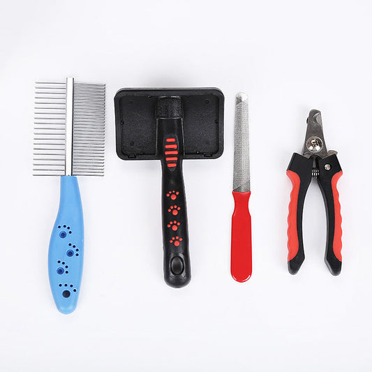 KFX-9154621 4-Piece Cat and Dog Grooming Set with Double-Sided Long Needle Comb and Nail Clippers