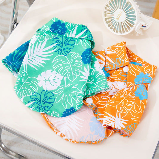 KFX-9162557 Tropical Leaf Print Pet Shirt for Beach Days in Orange and Green