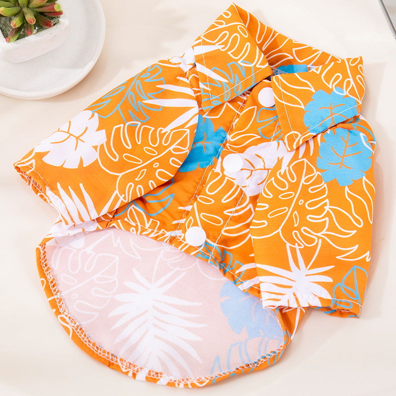 KFX-9162557 Tropical Leaf Print Pet Shirt for Beach Days in Orange and Green