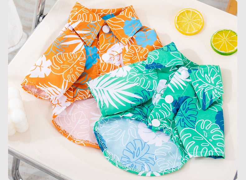 KFX-9162557 Tropical Leaf Print Pet Shirt for Beach Days in Orange and Green