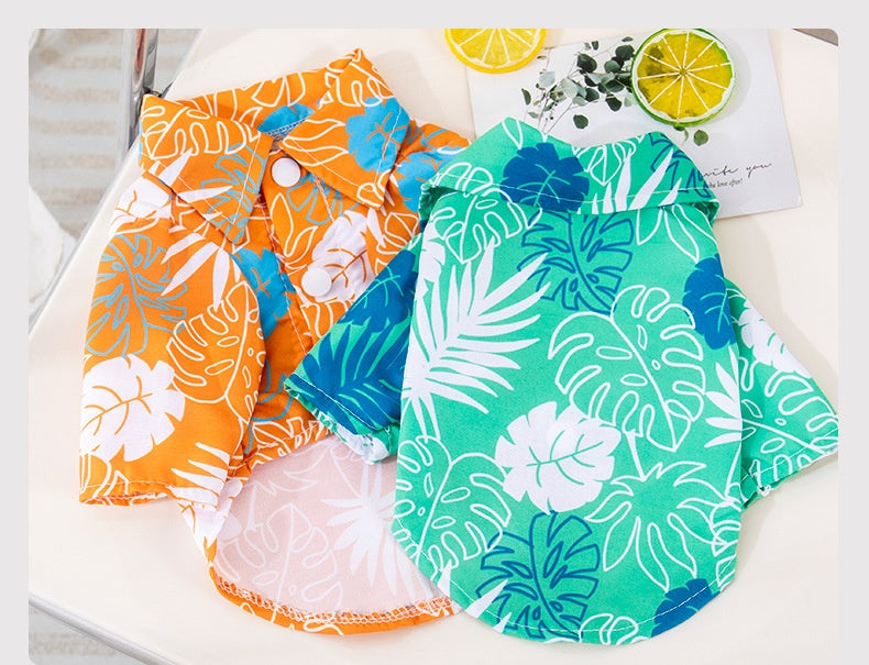 KFX-9162557 Tropical Leaf Print Pet Shirt for Beach Days in Orange and Green