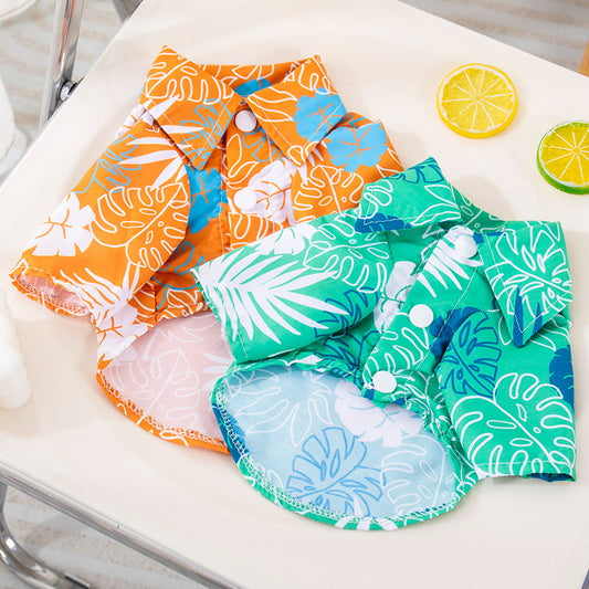 KFX-9162557 Tropical Leaf Print Pet Shirt for Beach Days in Orange and Green