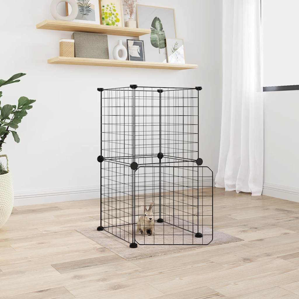 KFX-9171901 8-Piece Black Powder-Coated Steel Pet Cage Set with Door for Safe Play and Training