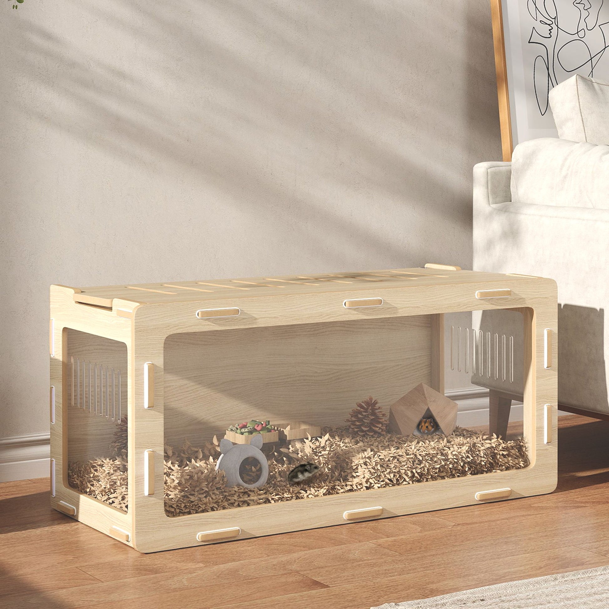 KFX-9173949 Acrylic View Hamster Cage with Openable Roof, Air Vents & Spacious Design for Small Pets - Oak Finish, 39 x 20 x 18.5 Inches