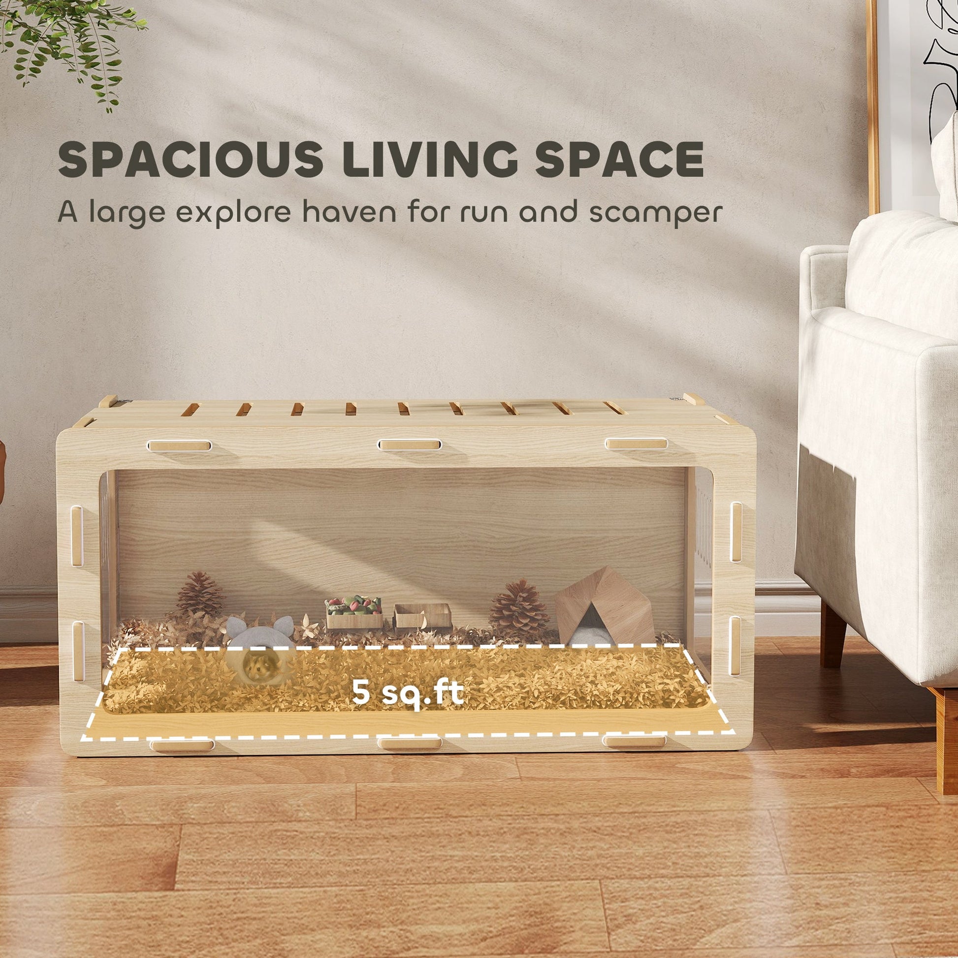 KFX-9173949 Acrylic View Hamster Cage with Openable Roof, Air Vents & Spacious Design for Small Pets - Oak Finish, 39 x 20 x 18.5 Inches