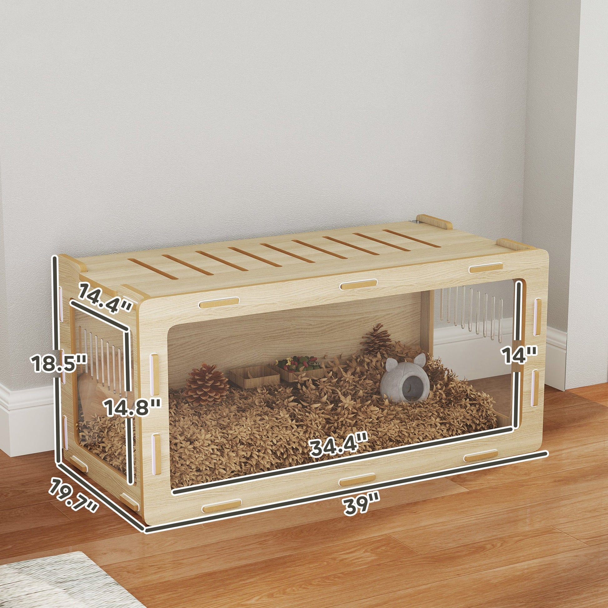 KFX-9173949 Acrylic View Hamster Cage with Openable Roof, Air Vents & Spacious Design for Small Pets - Oak Finish, 39 x 20 x 18.5 Inches