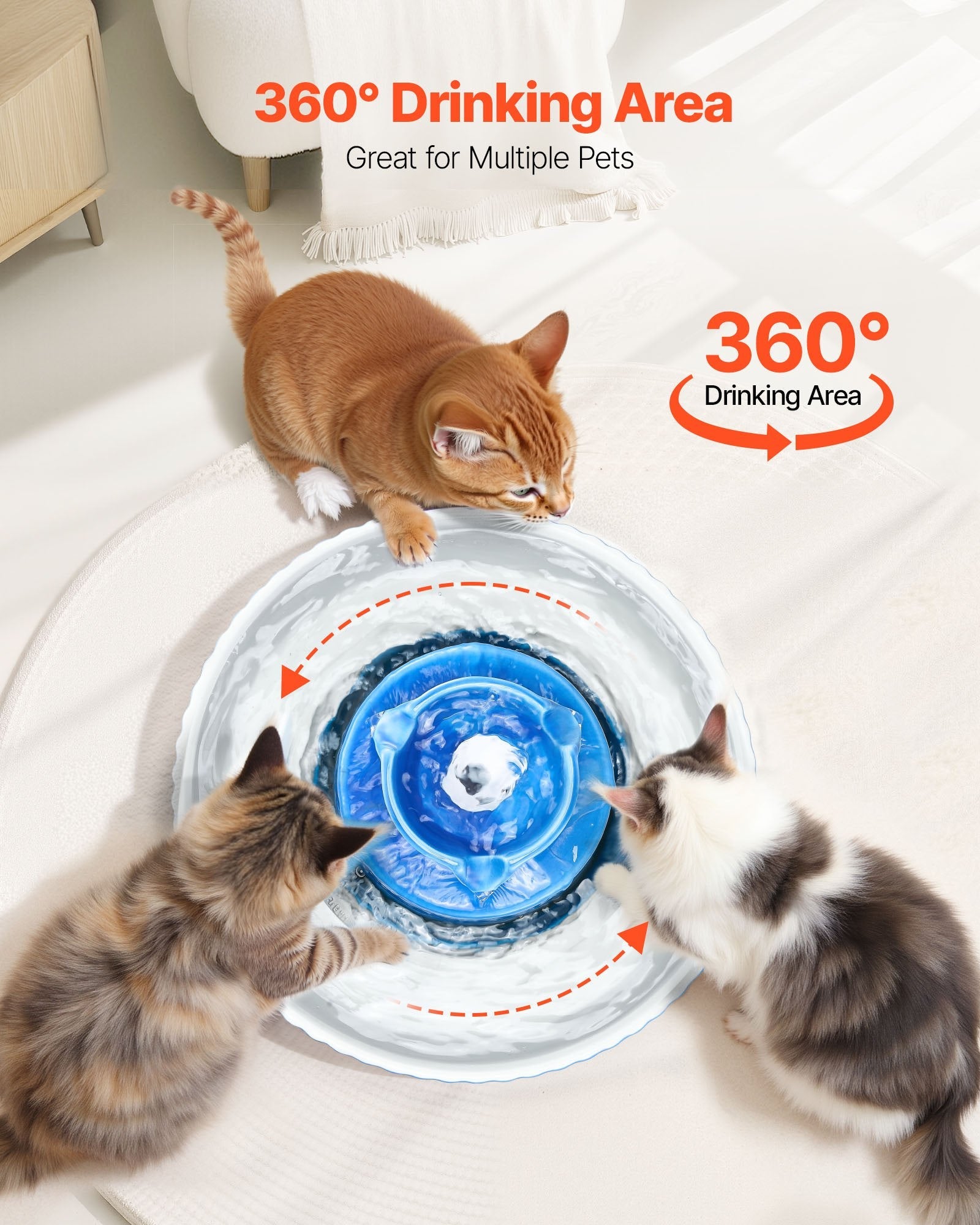 KFX-9176125 Ceramic Pet Water Fountain 2.1L for Cats and Dogs with 360° Drinking Area and Multi-Layer Filtration