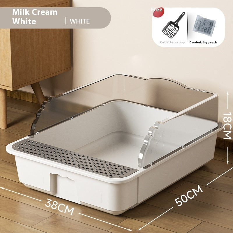 KFX-9179709 Extra Large Splash-proof Cat Litter Box with Shovel and Deodorant Bag in Milk Cream White