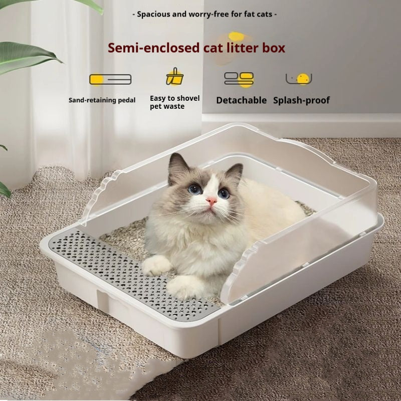 KFX-9179709 Extra Large Splash-proof Cat Litter Box with Shovel and Deodorant Bag in Milk Cream White