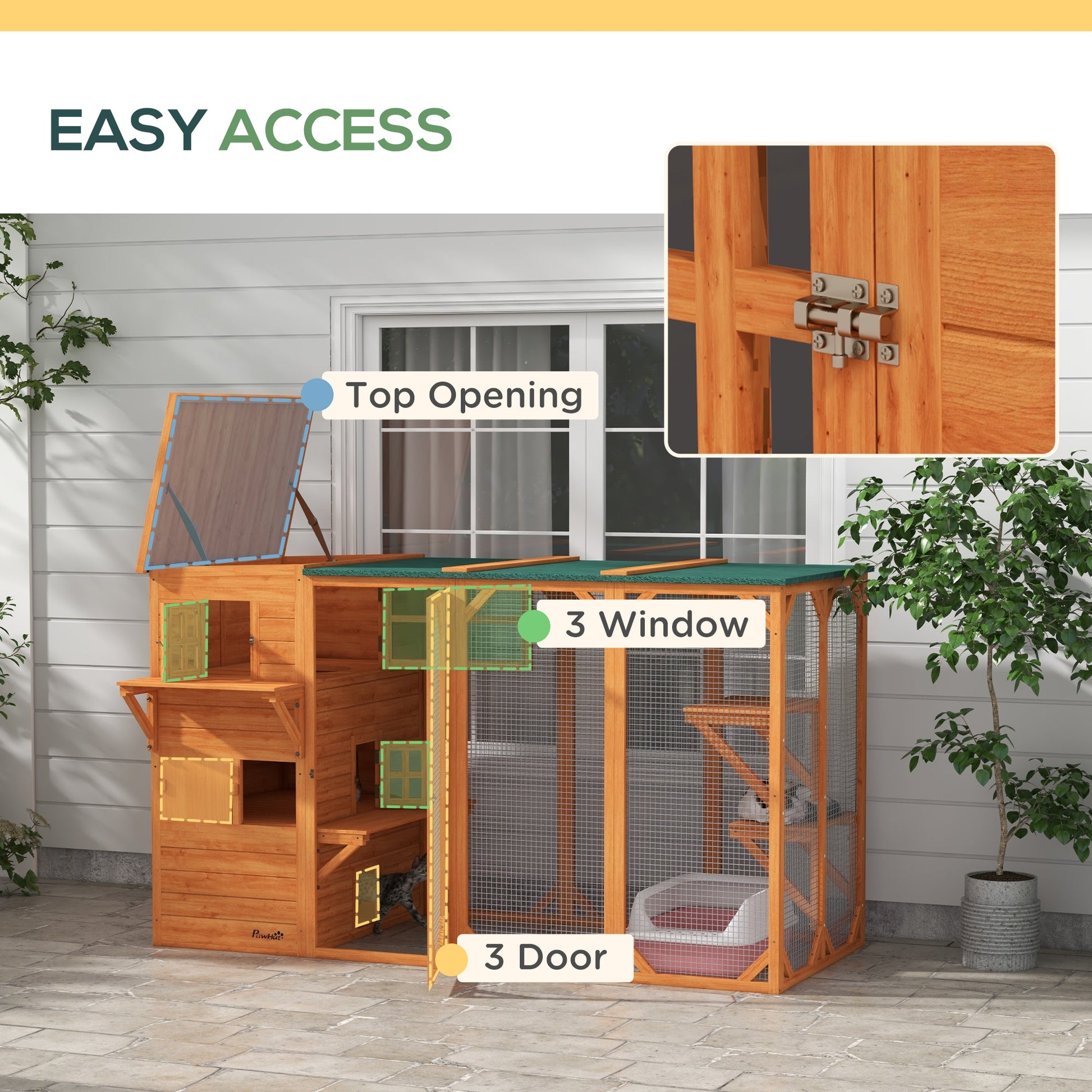 KFX-9180093 Large Outdoor Cat House for Up to 3 Cats with Multiple Platforms and Roof Coverage